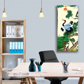 Tranh Đôi Chim Hạc Cây Tùng Và Mặt Trời