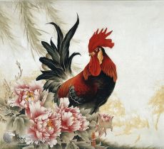 Tranh Gà Trống Bên Mẫu Đơn Vẽ Sơn Dầu