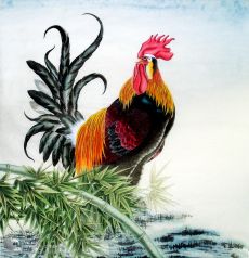 Tranh Gà Trống Cầu Tiền Tài Phúc Lộc