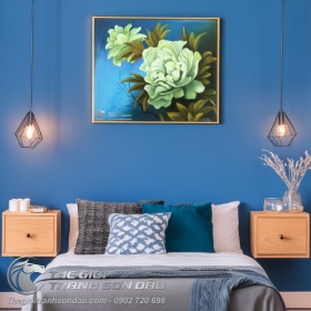 Tranh Hoa Mẫu Đơn Phong Thủy 2 Bông Màu Xanh Ngọc