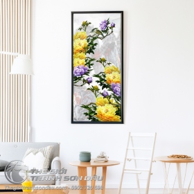 Tranh Hoa Mẫu Đơn Vàng Tím Khổ Dọc