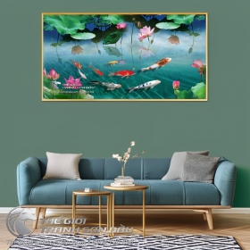 Tranh Hoa Sen Soi Bóng Dưới Mặt Hồ Và Đàn Cá Chép