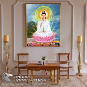 Tranh Phật Quan Âm Ngồi Bên Núi Vẽ Sơn Dầu