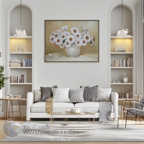 Tranh Sơn Dầu Bình Hoa Cúc Trắng Tả Thực