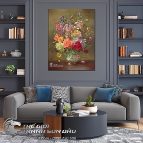Tranh Sơn Dầu Bình Hoa Hồng Trang Trí Nhà Bếp