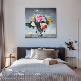 Tranh Sơn Dầu Bình Hoa Hồng Trang Trí Phòng Ngủ