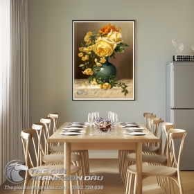 Tranh Sơn Dầu Bình Hoa Hồng Vàng Tuyệt Đẹp