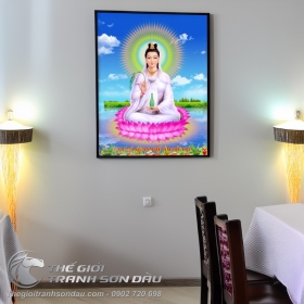 Tranh Sơn Dầu Bồ Tát Ngồi Đài Sen Cầm Nhánh Liễu