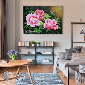 Tranh Sơn Dầu Bốn Hoa Mẫu Đơn Màu Hồng Trang Trí Phòng Ngủ