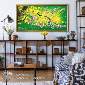 Tranh Sơn Dầu Cá Chép Hoa Mai Hợp Mệnh Mộc