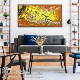 Tranh Sơn Dầu Cá Chép Hoa Mai Nền Màu Cam