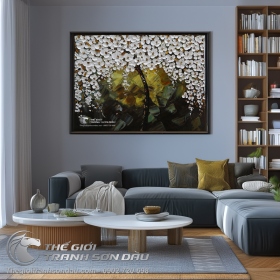 Tranh Sơn Dầu Cây Hoa Trắng Vẽ Dày Màu Ấn Tượng