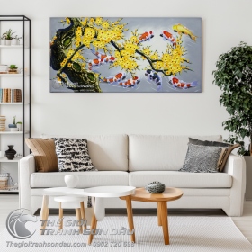 Tranh Sơn Dầu Cửu Ngư và Hoa Mai Trát Bay Vẽ Tay 100%