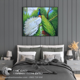 Tranh Sơn Dầu Đôi Công Uyên Ương Treo Phòng Ngủ