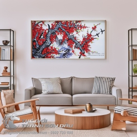 Tranh Sơn Dầu Hoa Đào Đắp Nổi Màu Đỏ Nền Trắng