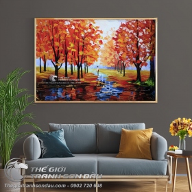 Tranh Sơn Dầu Phong Cảnh Cây Lá Đỏ Vẽ Dày Màu