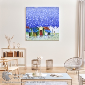 Tranh Sơn Dầu Phong Cảnh Cây Tím Vẽ Dày Kiểu Hiện Đại