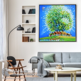 Tranh Sơn Dầu Phong Cảnh Cây Xanh Lá Vẽ Dày Kiểu Hiện Đại