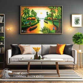 Tranh Sơn Dầu Phong Cảnh Quê Hương Con Đò