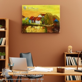 Tranh Sơn Dầu Phong Cảnh Sông Nước Việt Nam Tông Màu Vàng