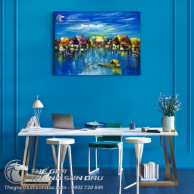 Tranh Sơn Dầu Phong Cảnh Sông Nước Việt Nam Tông Màu Xanh