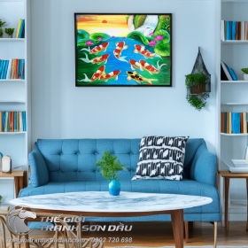 Tranh Sơn Dầu Phong Thủy Cá Chép Bơi Lên Mặt Trời