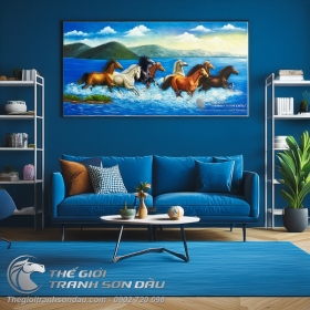 Tranh Sơn Dầu Phong Thủy Tám Con Ngựa Hợp Mạng Thủy