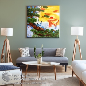 Tranh Sơn Dầu Phong Thủy Tùng Hạc Dưới Ánh Mặt Trời