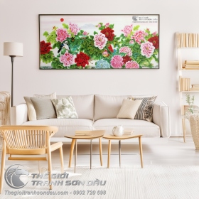 Tranh Sơn Dầu Phong Thủy Vườn Hoa Mẫu Đơn Khoe Sắc