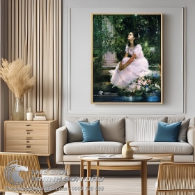 Tranh Sơn Dầu Thiếu Nữ Đầm Trắng Ngồi Trong Rừng