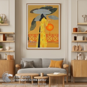 Tranh Sơn Dầu Thiếu Nữ Trong Bộ Áo Dài Vàng