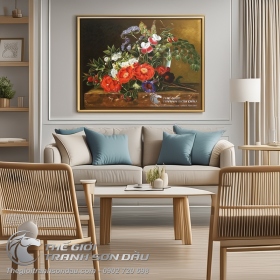 Tranh Sơn Dầu Tĩnh Vật Bình Hoa Trang Trí Phòng Bếp