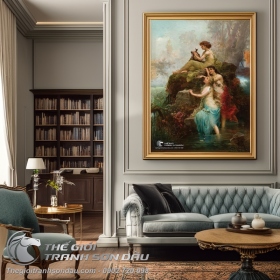 Tranh Sơn Dầu Vẽ 3 Thiếu Nữ Bên Dòng Suối