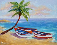 Tranh Bờ Biển Cây Dừa Và 3 Chiếc Thuyền Con