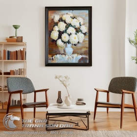 Tranh Sơn Dầu Vẽ Bình Hoa Cúc Trắng Đơn Giản