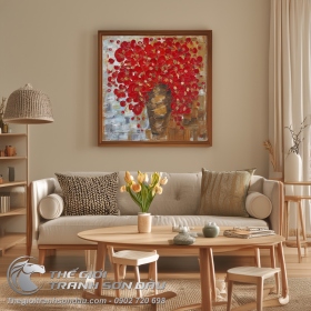 Tranh Sơn Dầu Vẽ Bình Hoa Màu Đỏ Treo Phòng Khách