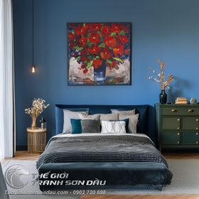 Tranh Sơn Dầu Vẽ Bình Hoa Màu Đỏ Treo Phòng Ngủ