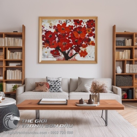 Tranh Sơn Dầu Vẽ Cành Hoa Đỏ Trang Trí Phòng Ngủ