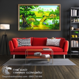 Tranh Sơn Dầu Vẽ Cây Đa Đầu Làng Và Ngôi Nhà Tranh