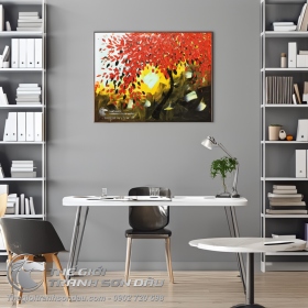 Tranh Sơn Dầu Vẽ Cây Lá Đỏ Dày Màu Nghệ Thuật