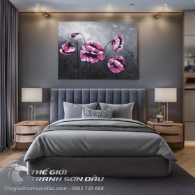 Tranh Sơn Dầu Vẽ Hoa Màu Hồng Bằng Bay Trang Trí Khách Sạn