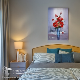 Tranh Sơn Dầu Vẽ Lọ Hoa Đỏ Trang Trí Phòng Ngủ