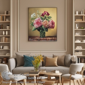 Tranh Sơn Dầu Vẽ Lọ Hoa Hồng Nở Rực Rỡ