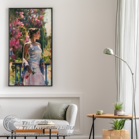 Tranh Sơn Dầu Vẽ Thiếu Nữ Cầm Hoa Hồng