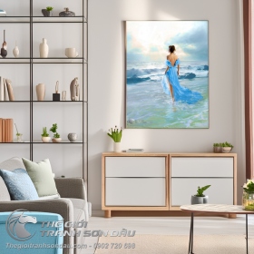 Tranh Sơn Dầu Vẽ Thiếu Nữ Đầm Xanh Ở Ngoài Biển