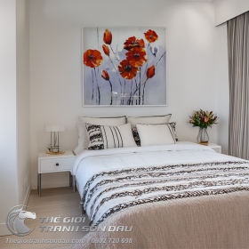 Tranh Sơn Dầu Vẽ Vườn Hoa Màu Đỏ Treo Phòng Khách