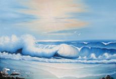 Tranh Sóng Biển Tung Bọt Trắng Xóa Và Đôi Chim