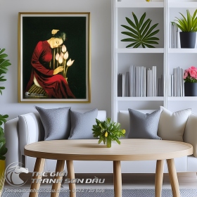 Tranh Thiếu Nữ Áo Dài Đỏ Bên Hoa Sen