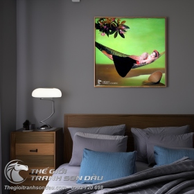 Tranh Thiếu Nữ Mặc Áo Yếm Nằm Võng Ngủ Dưới Cành Hoa