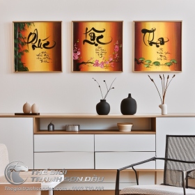 Tranh Thư Pháp Phúc Lộc Thọ Vàng Nâu